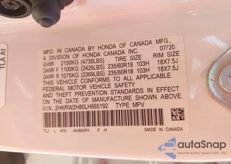 2020 Honda Cr-V Awd Ex-L from USA, damaged, VIN 2HKRW2H80LH665192
